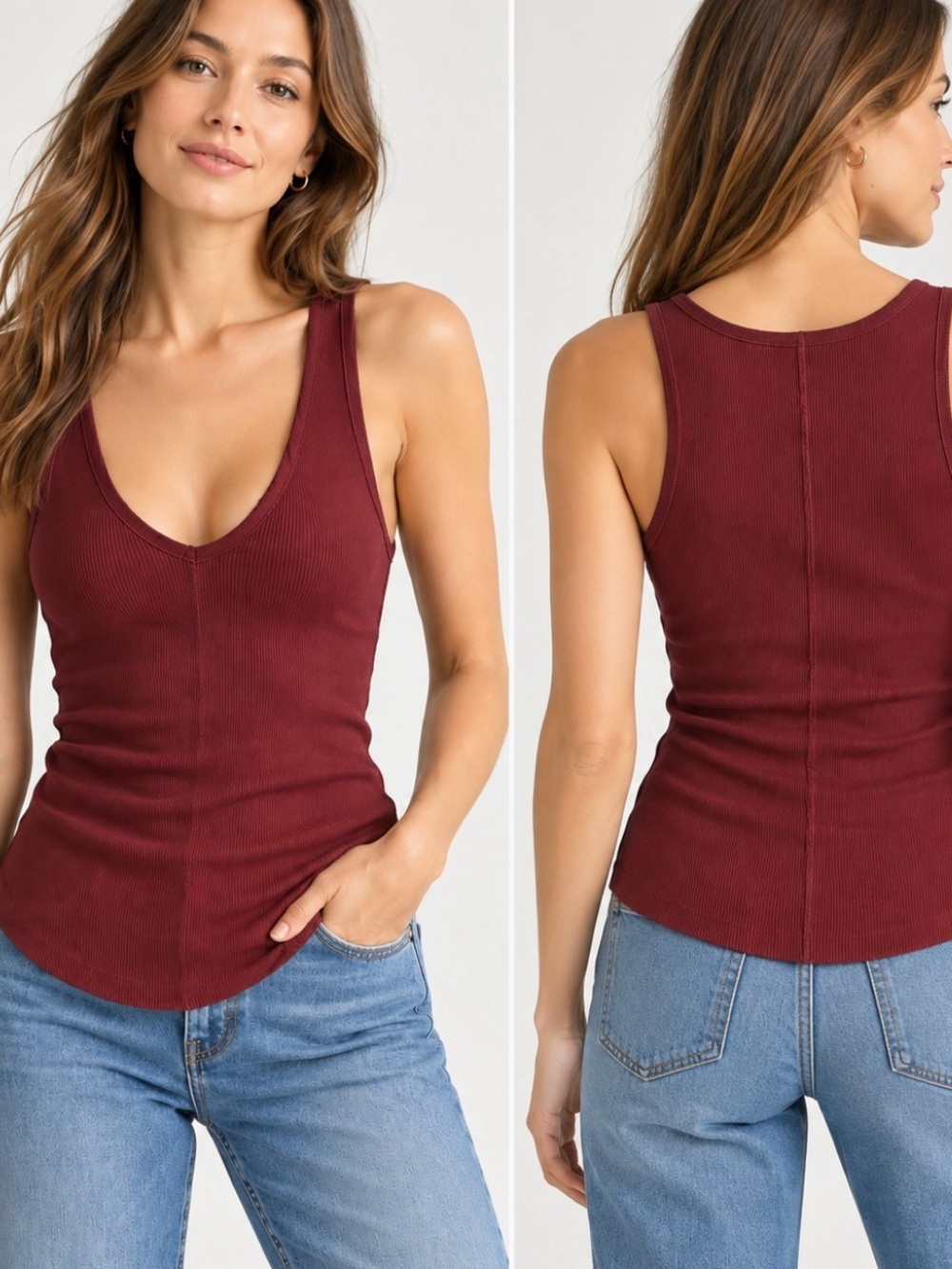 Nation LTD Ribbed V-Neck Tank Top - Burgundy S